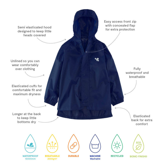 Originals Waterproof Jacket Navy. A navy waterproof jacket with hood. It has elasticated cuffs and back for extra comfort and protection.